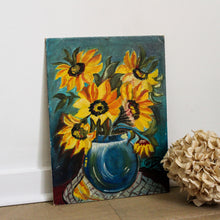 Charger l'image dans la galerie, Tableau vintage, peinture sur planche, nature morte tournesols
